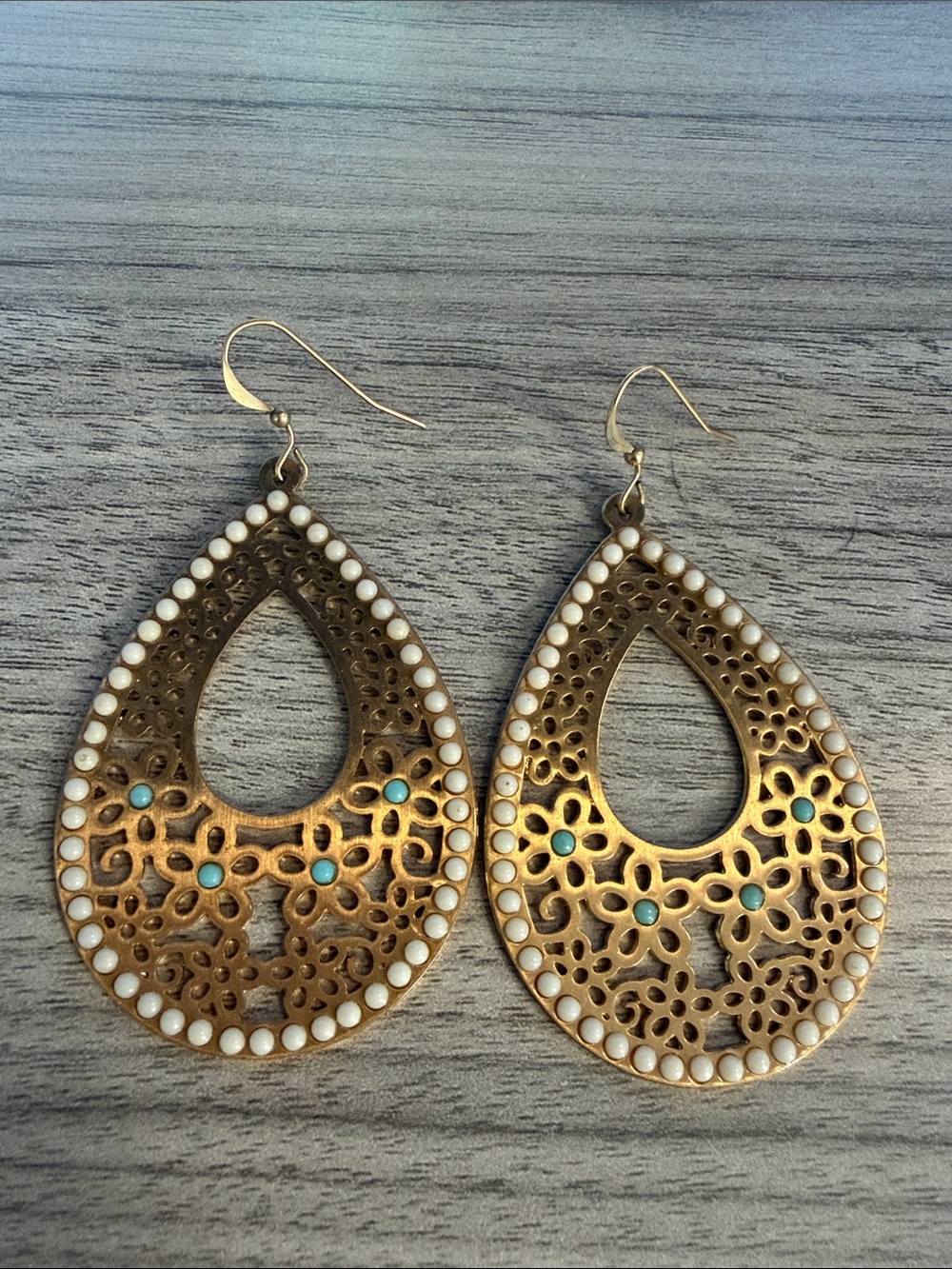 Brighton Gold Filigree Teardrop Earrings with White and Turquoise Accents